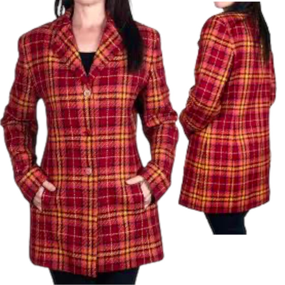 Vintage Rena Rowan Wool Longline Plaid Jacket Size 10 - Picture 1 of 10